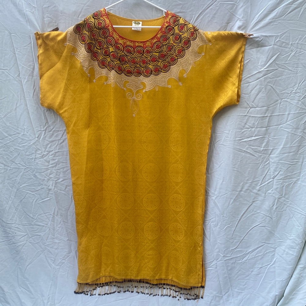 Bohemian Beaded Neck and Fringe Beaded Bottom Mustard Tunic -